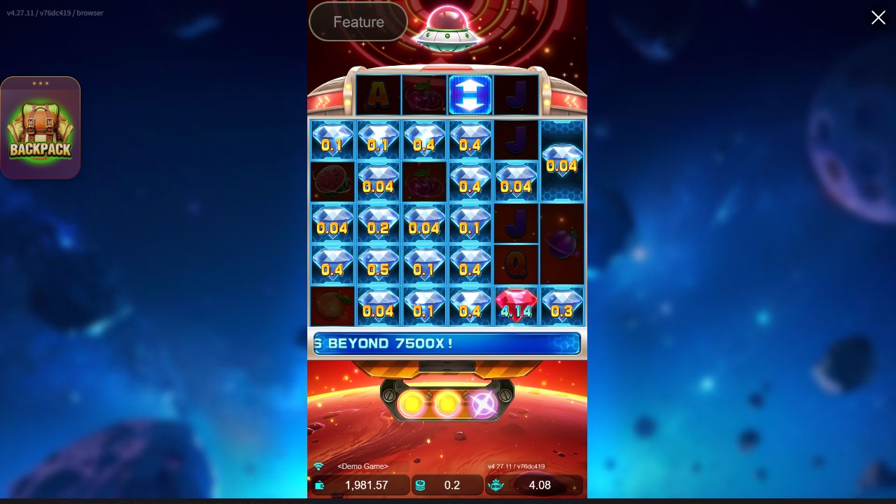 Actual Hold and Spin frame with 20 blue diamonds totalling 4.14 and a red diamond showing 4.14, while intermediate WIN reads 4.08