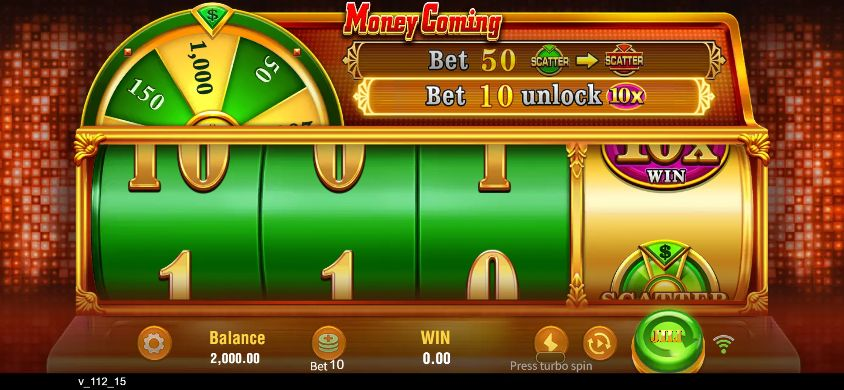 844 by 390 desktop landscape simulation of Money Coming showing the main reels and bottom controls