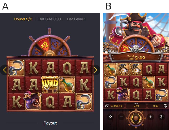 A: Spin 10 round 2 showing the Wild in the middle row of reel 3 and the x2 multiplier; B: Spin 10 final main screen with Total Win 2.40