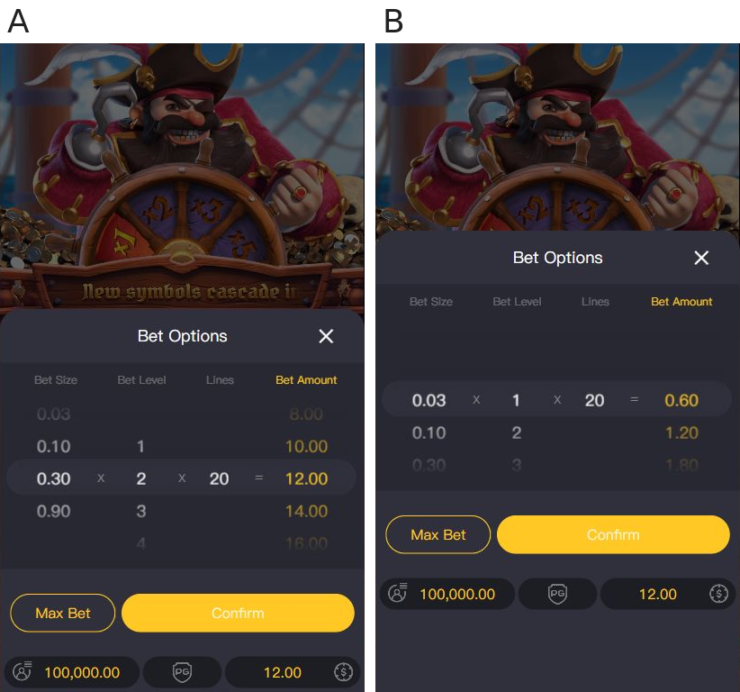 A: Opened Bet Options showing Size 0.30, Level 2 and total 12.00; B: Opened Bet Options with Size 0.03 and Level 1 selecting total 0.60