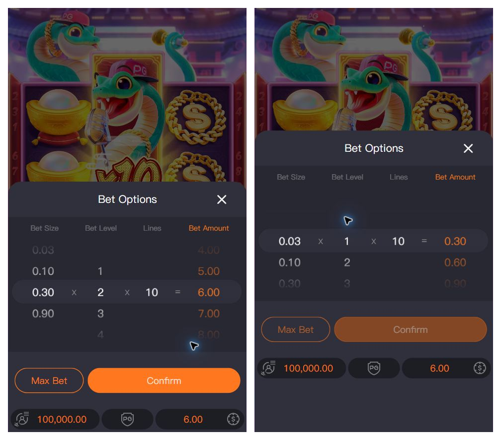 Bet Options before and during selection, left to right
