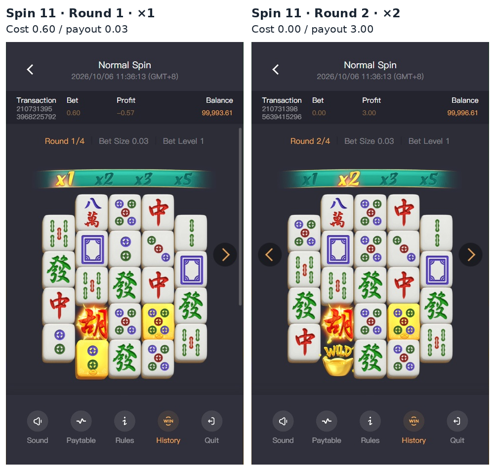 Spin 11 History boards showing a winning gold Two Dots tile at the bottom of reel two becoming a Wild on the following round