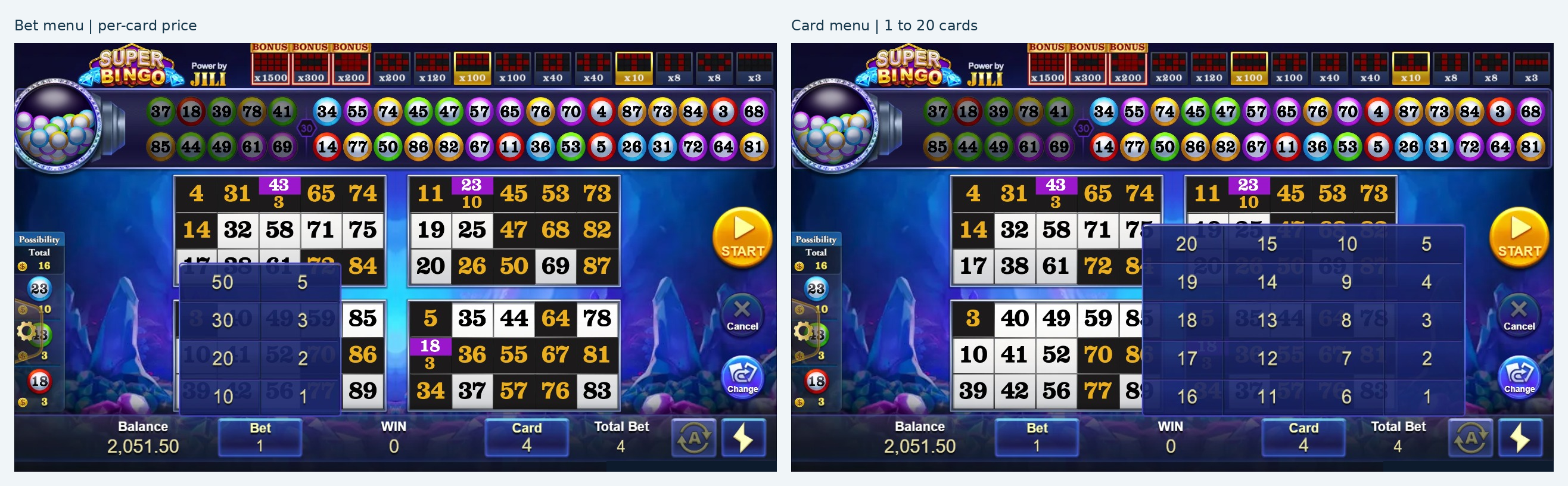 Bet menu and card count menu displayed side by side