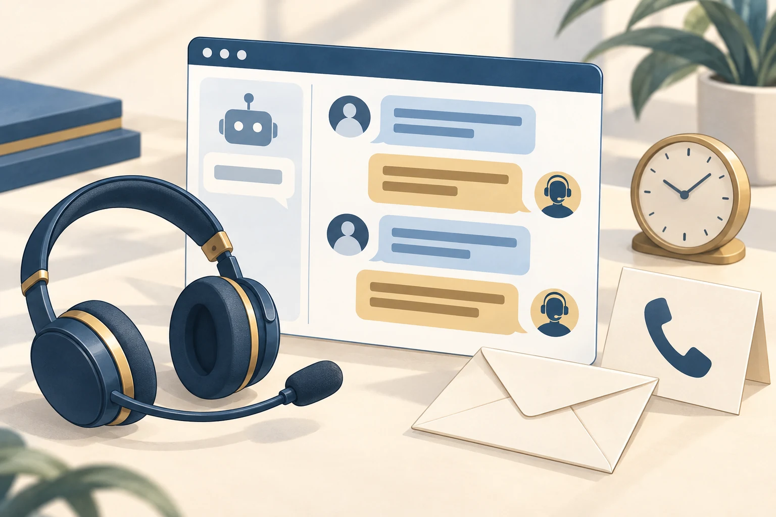 Editorial illustration of reviewing chat, email and phone support, including the difference between an automated welcome and a helpful exchange.