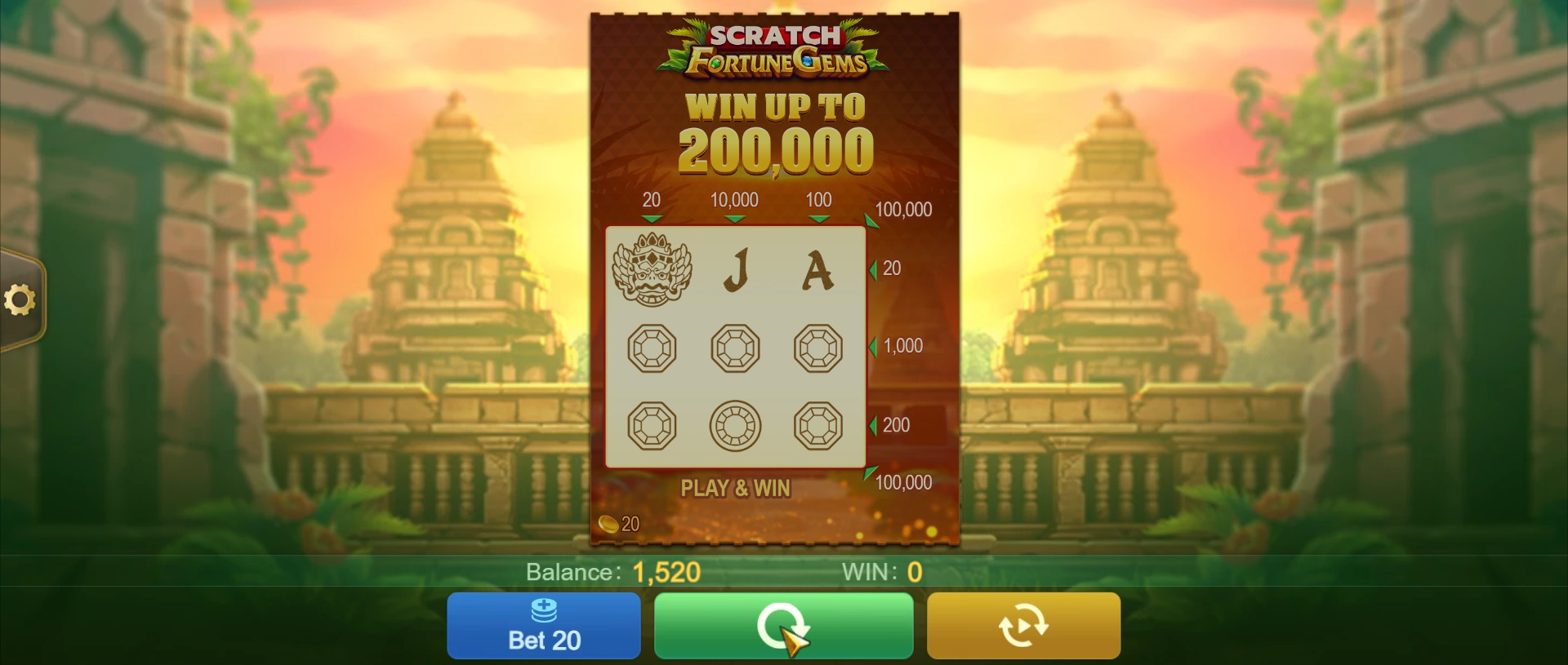 Card 61 with three matching eight-sided gems across the middle row and final WIN 0