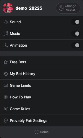 Actual expanded Aviator menu showing sound, music, animation, history, limits and rules