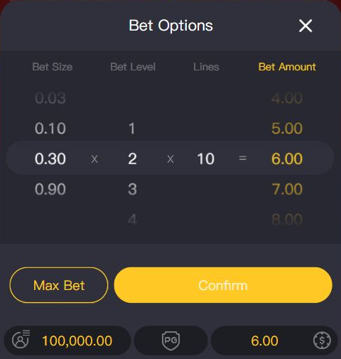 The initial Fortune Ox Bet Options combination of Size 0.30, Level 2 and ten lines, totalling 6.00
