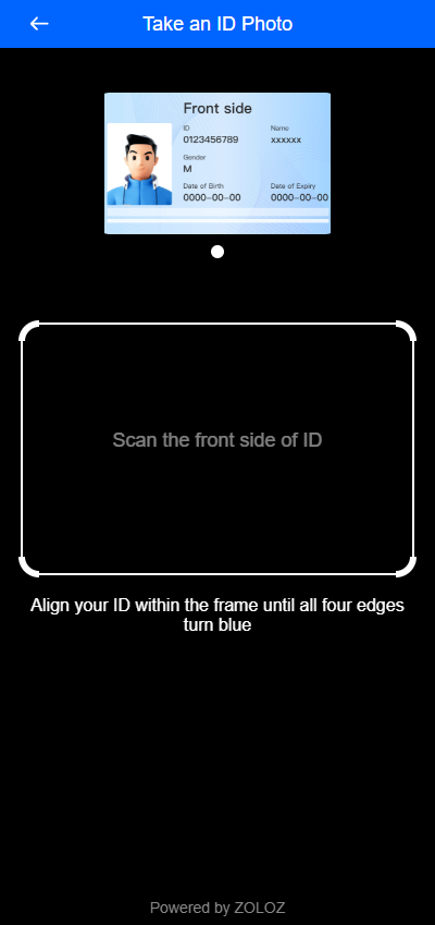 KYC screen for photographing the front of an ID