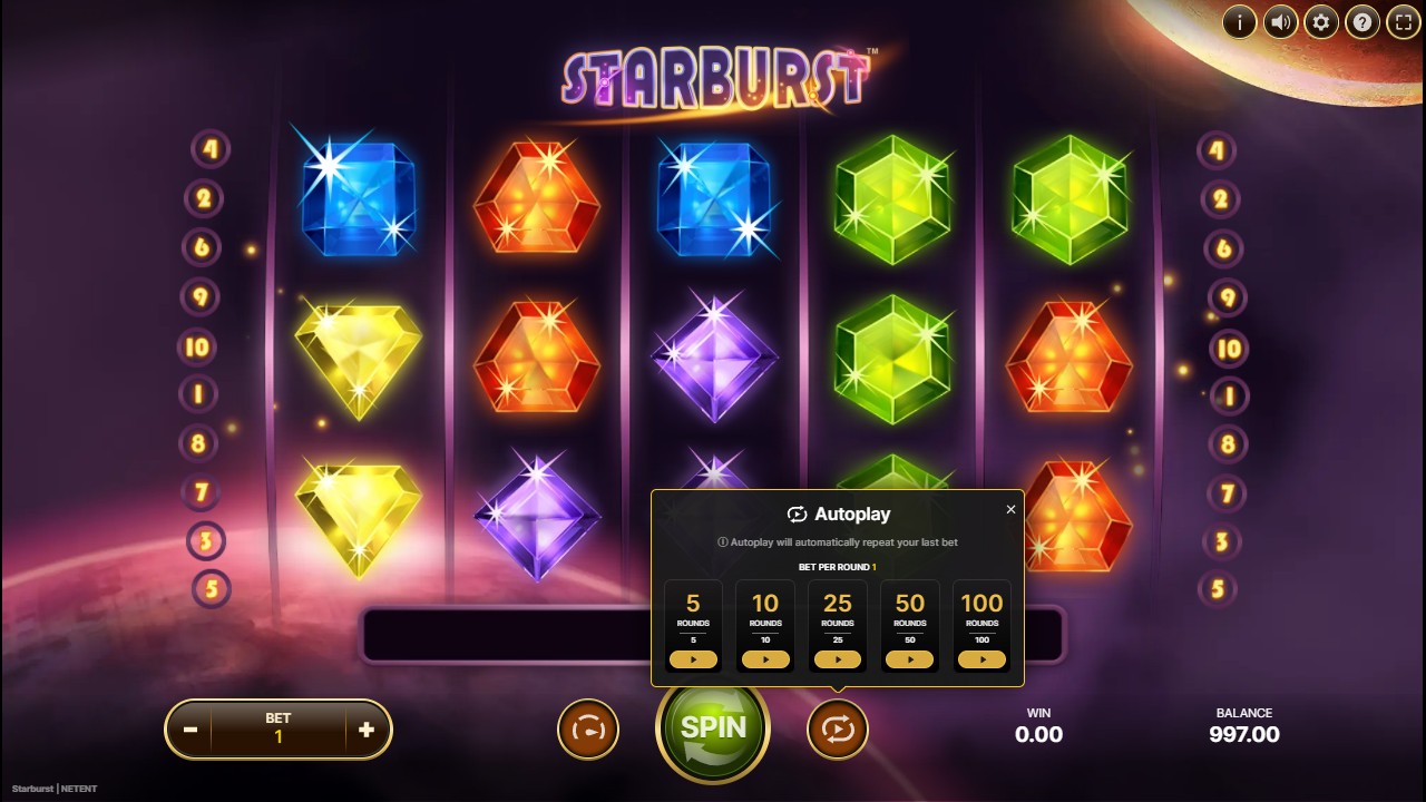 Starburst Autoplay menu showing 5, 10, 25, 50 and 100 rounds at BET 1