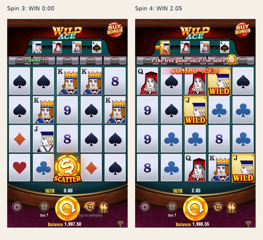 Ordinary spin 3 shows zero payout and spin 4 shows a final payout of 2.05