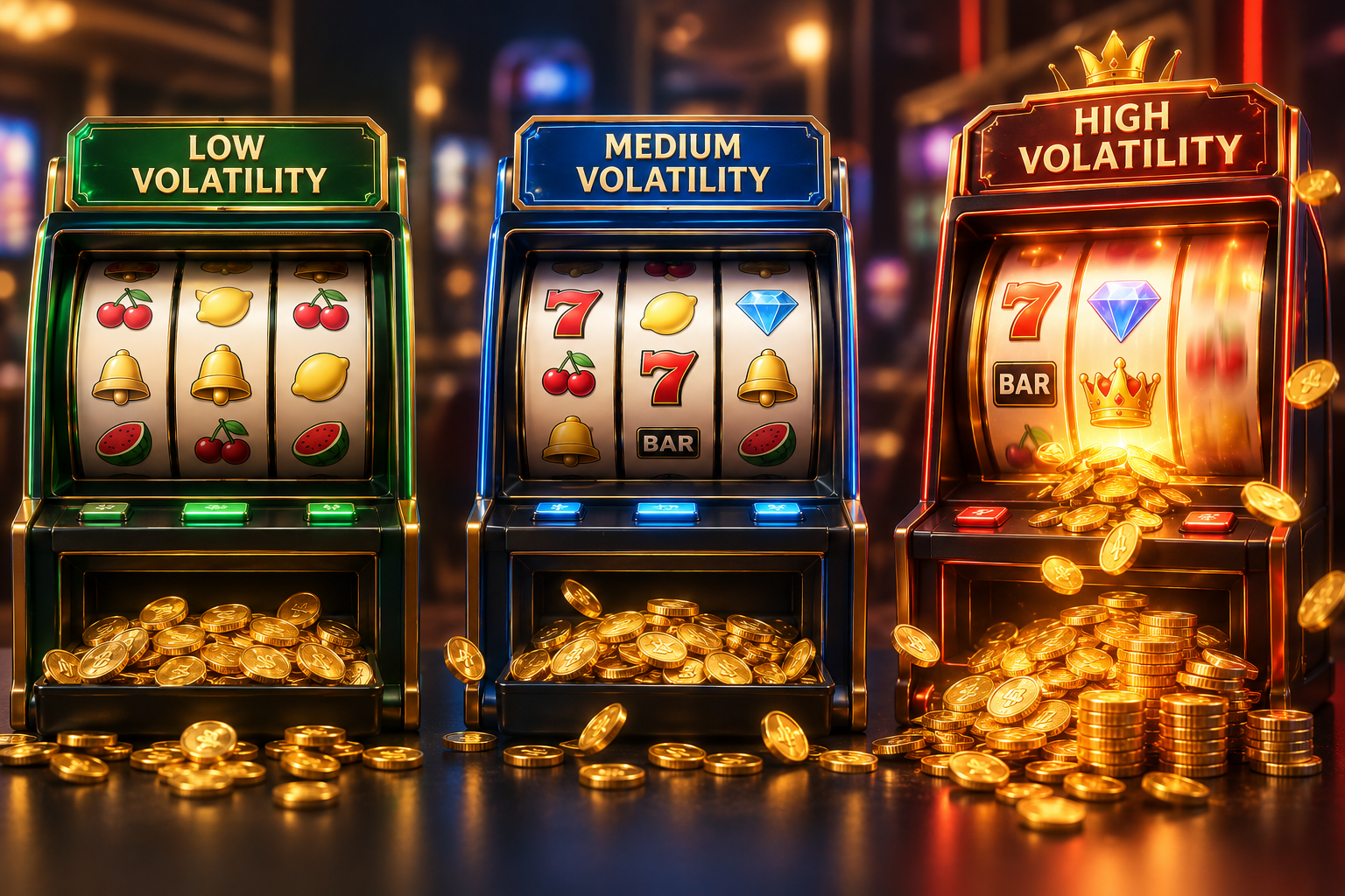 Illustrated low-, medium- and high-volatility machines with decorative coin payouts. Illustrated low-, medium- and high-volatility machines with decorative coin payouts.