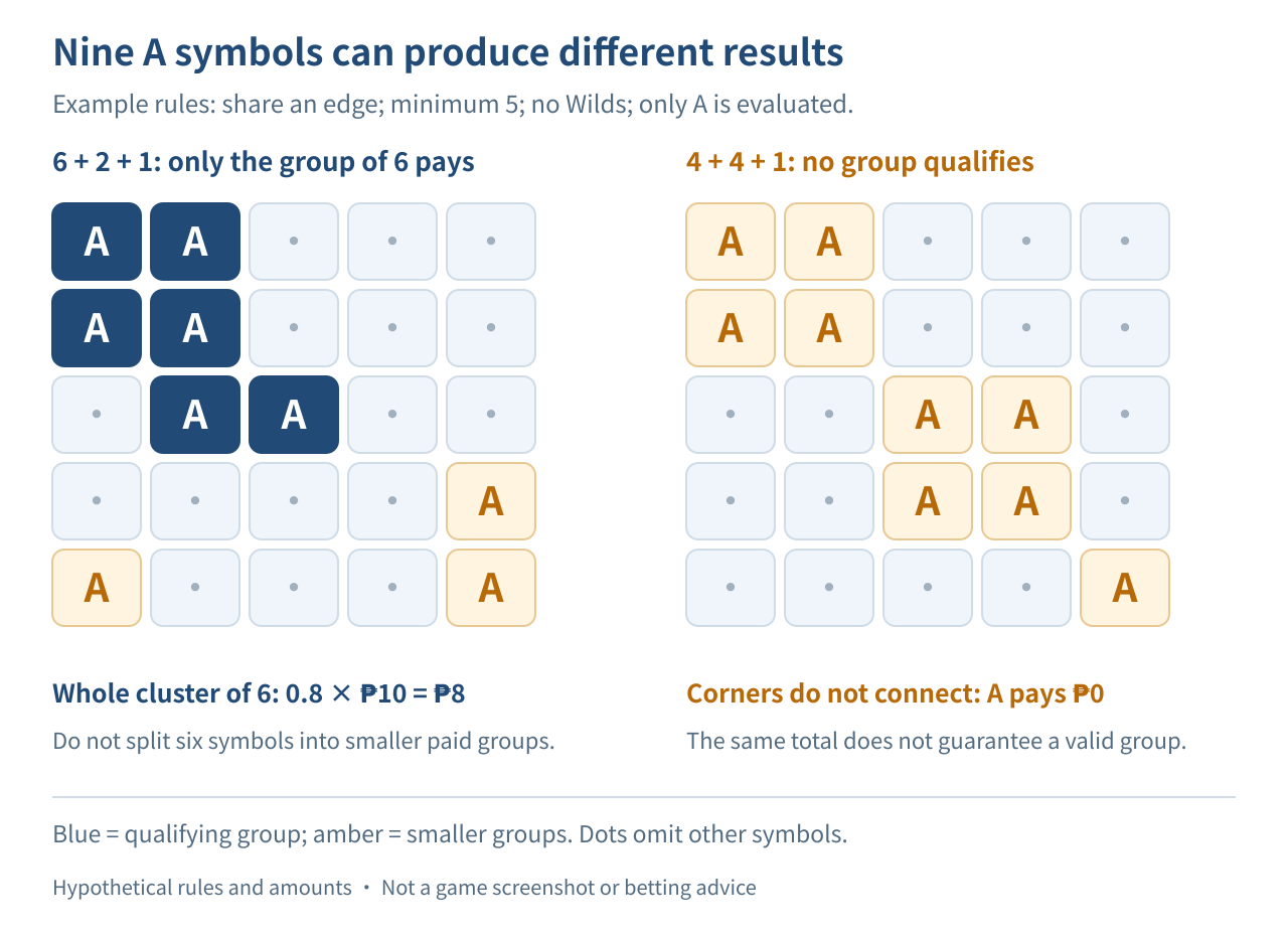 Two hypothetical five-by-five symbol grids showing edge-connected and corner-only groups.