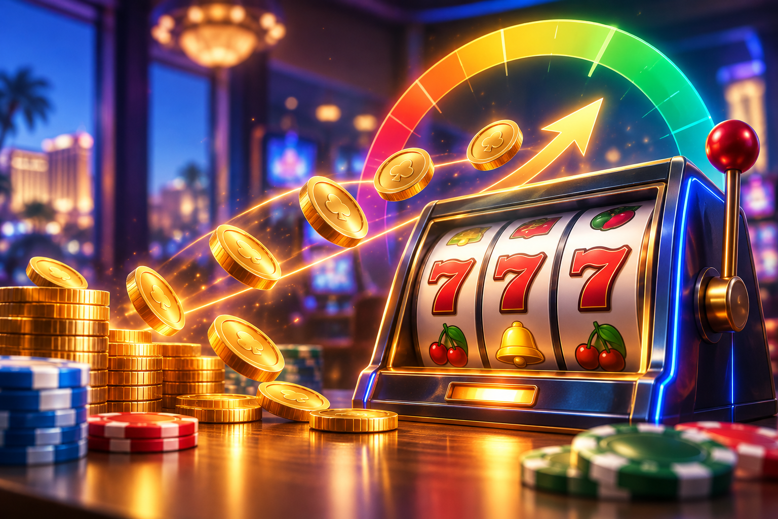Decorative slot machine and rising gauge used to illustrate a higher return percentage.