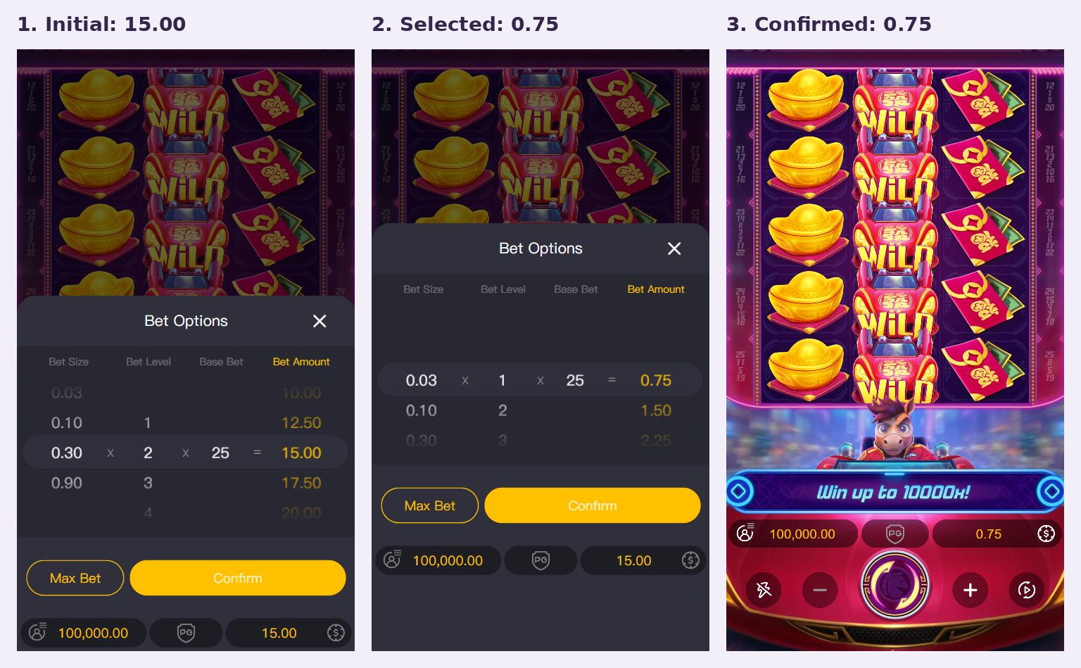 Three actual Fortune Horse bet states: initial 15.00, proposed 0.75 before confirmation, and applied 0.75