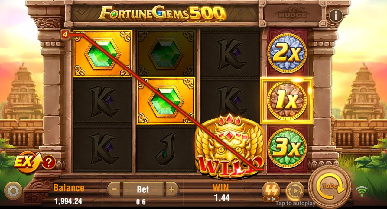 Normal spin 20 with a green-gem, green-gem and WILD diagonal, a 1× multiplier and a payout of 1.44
