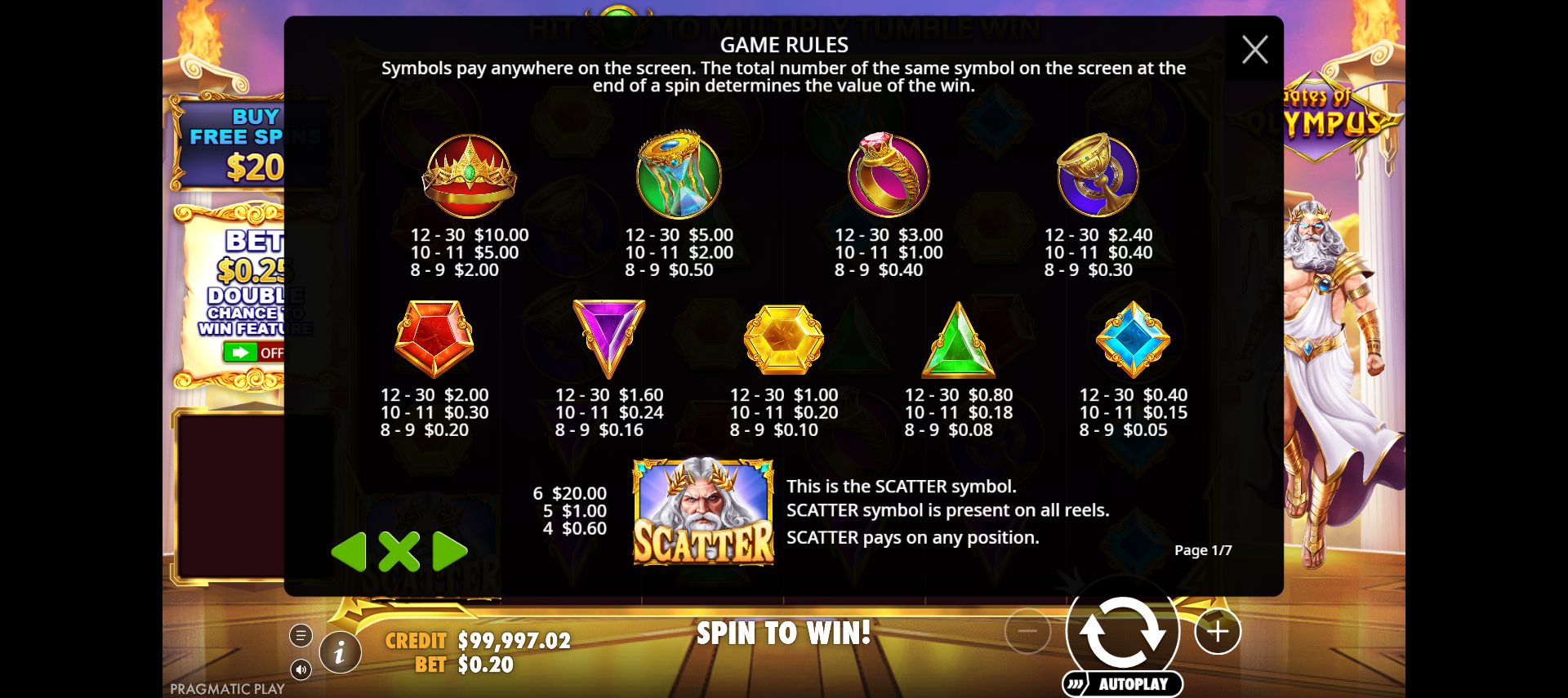 Current in-game paytable with ordinary count bands and the Zeus Scatter awards