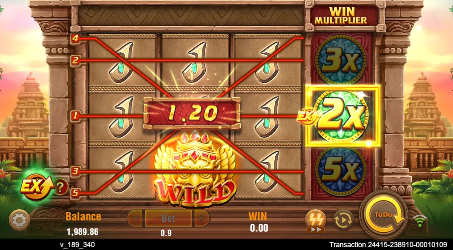 Fortune Gems spin 69 showing all five highlighted J paylines and a central 2x multiplier