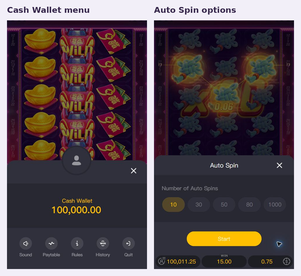 Actual Fortune Horse Cash Wallet menu and Auto Spin options, with Auto not started