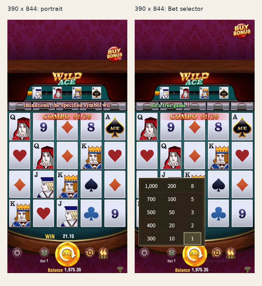 Wild Ace at a 390 by 844 desktop-simulated portrait viewport with main screen and opened stake menu