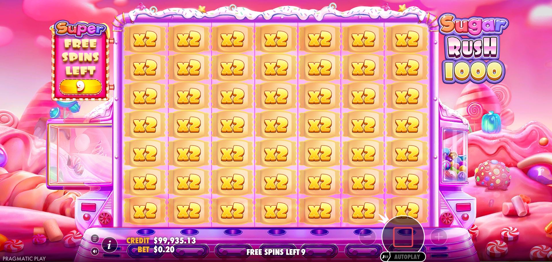 Super purchased feature with nine free spins remaining. This clear early frame shows 2× in all 49 positions; the ten-spin entry notice had covered part of the board.