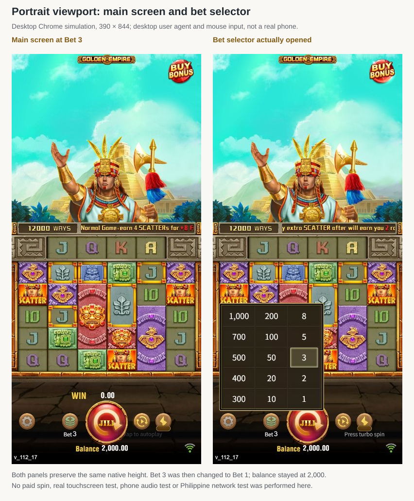 Equal-height 390 by 844 desktop Chrome viewport simulations of Golden Empire main screen and opened Bet panel