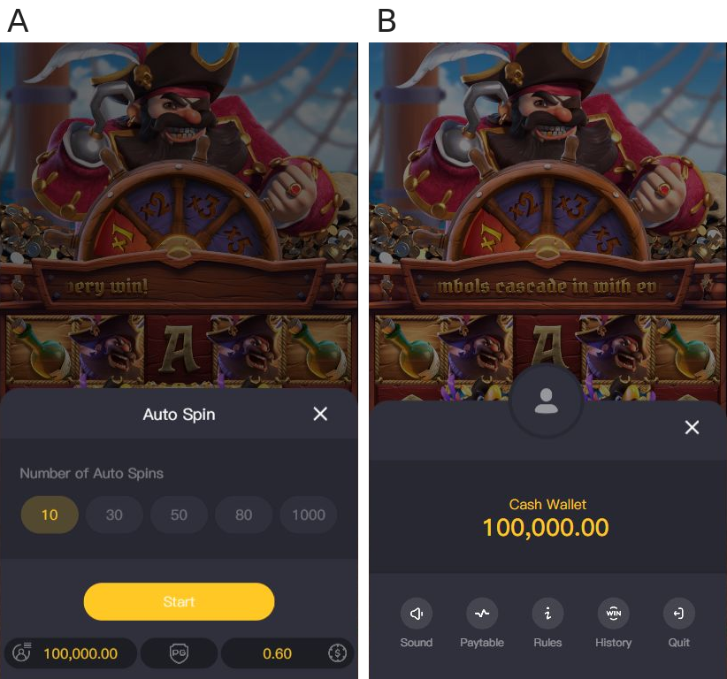 A: Opened Auto Spin panel showing 10, 30, 50, 80 and 1000 choices; B: Captain’s Bounty wallet menu with Sound, Paytable, Rules, History and Quit