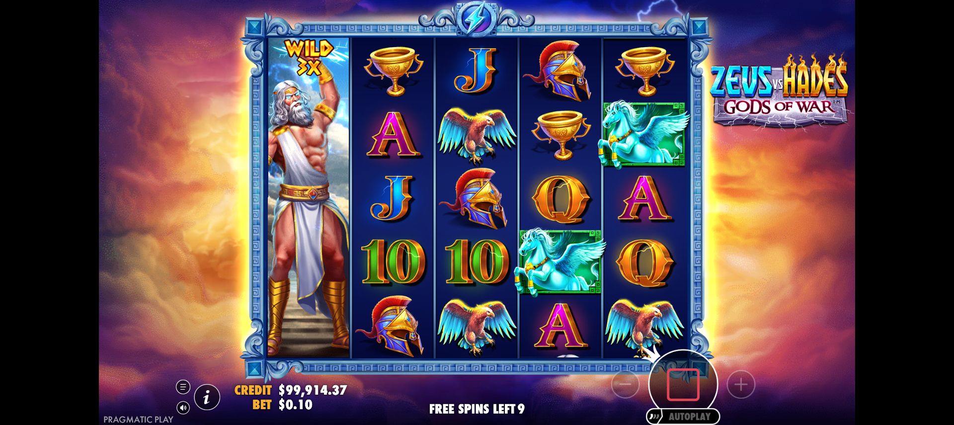 Olympus Super with nine free spins left and a 3x Wild on reel one
