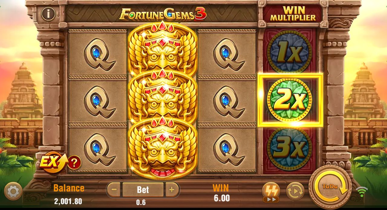Five winning Q lines with a central 2× multiplier and a final WIN of 6.00 in Fortune Gems 3.