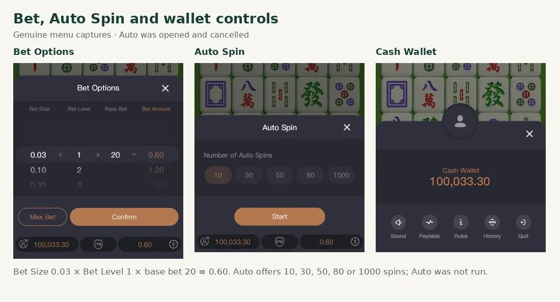 Three actual menu captures: Bet Options set to 0.03 × 1 × 20 = 0.60, Auto counts 10/30/50/80/1000, and Cash Wallet. Three actual menu captures: Bet Options set to 0.03 × 1 × 20 = 0.60, Auto counts 10/30/50/80/1000, and Cash Wallet.
