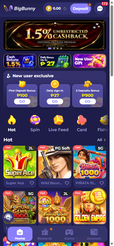 BIGBUNNY mobile homepage showing game categories, rewards and bottom navigation
