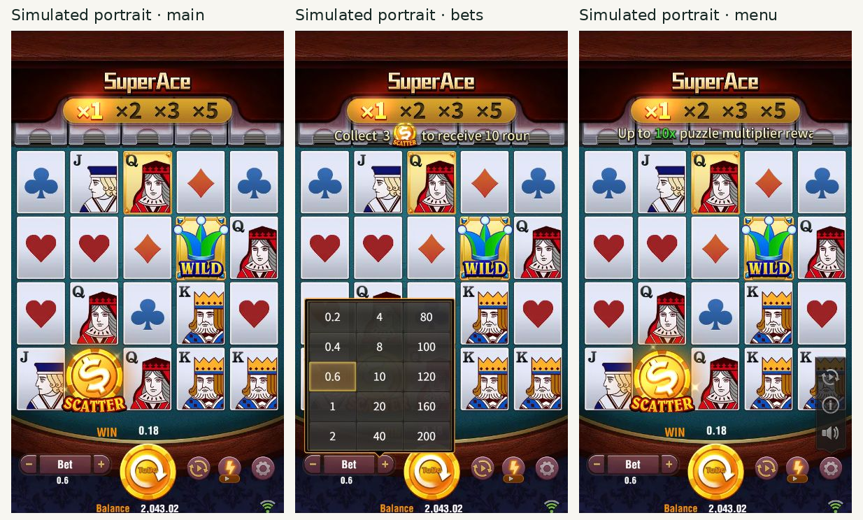 Three simulated portrait screenshots show the main screen with WIN 0.18, Bet 0.6 and Balance 2,043.02, the bet selector with 0.6 highlighted, and the expanded menu.