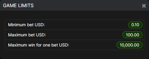 Game Limits shows minimum bet 0.10 USD, maximum bet 100.00 USD and maximum single win 10000 USD