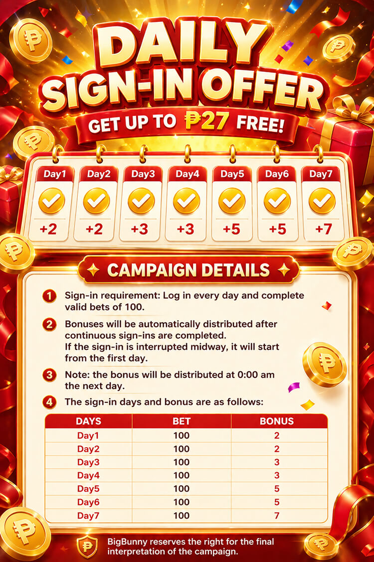 BIGBUNNY Daily Sign-in Offer showing seven daily rewards totalling ₱27 and ₱100 daily valid bets