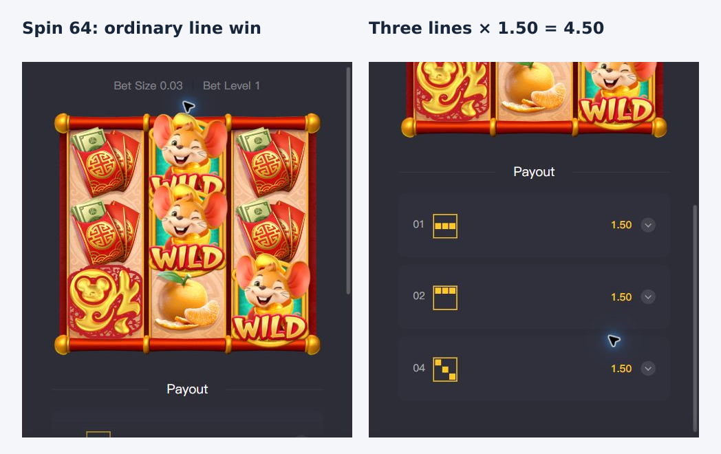 Spin 64 board with only two central Wild symbols beside its three separate 1.50 payout lines