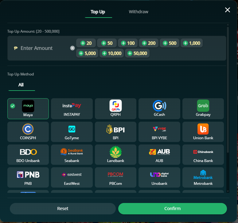 Casino Plus top-up panel showing a ₱20 minimum and local payment options