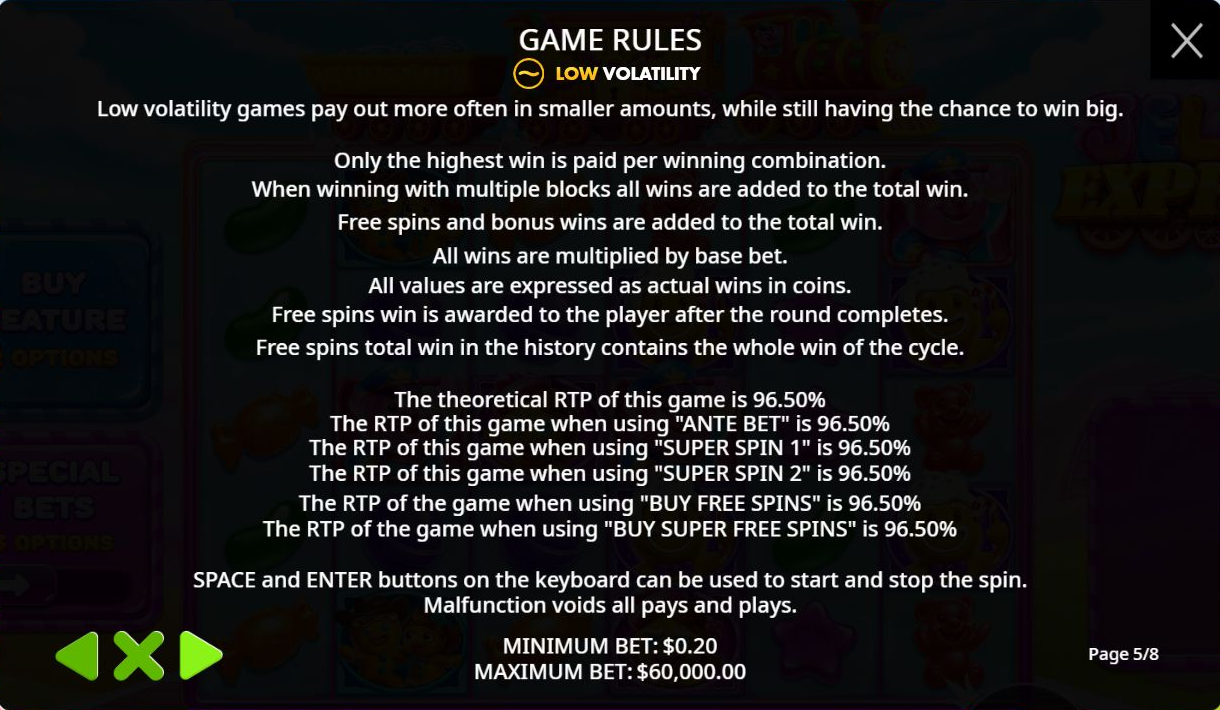 Current Help: LOW, 96.50% for six listed modes and the printed bet limits.