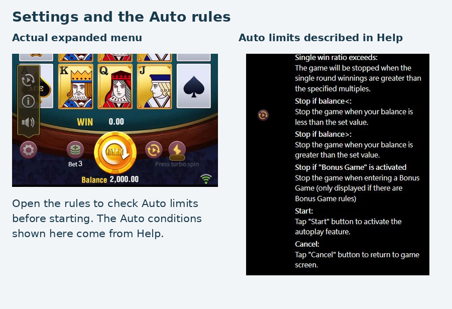 Actual expanded settings menu beside the in-game Help description of Auto win, balance and bonus-stop limits. Actual expanded settings menu beside the in-game Help description of Auto win, balance and bonus-stop limits.