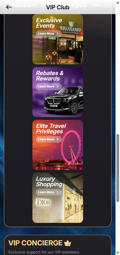 VIP benefits page
