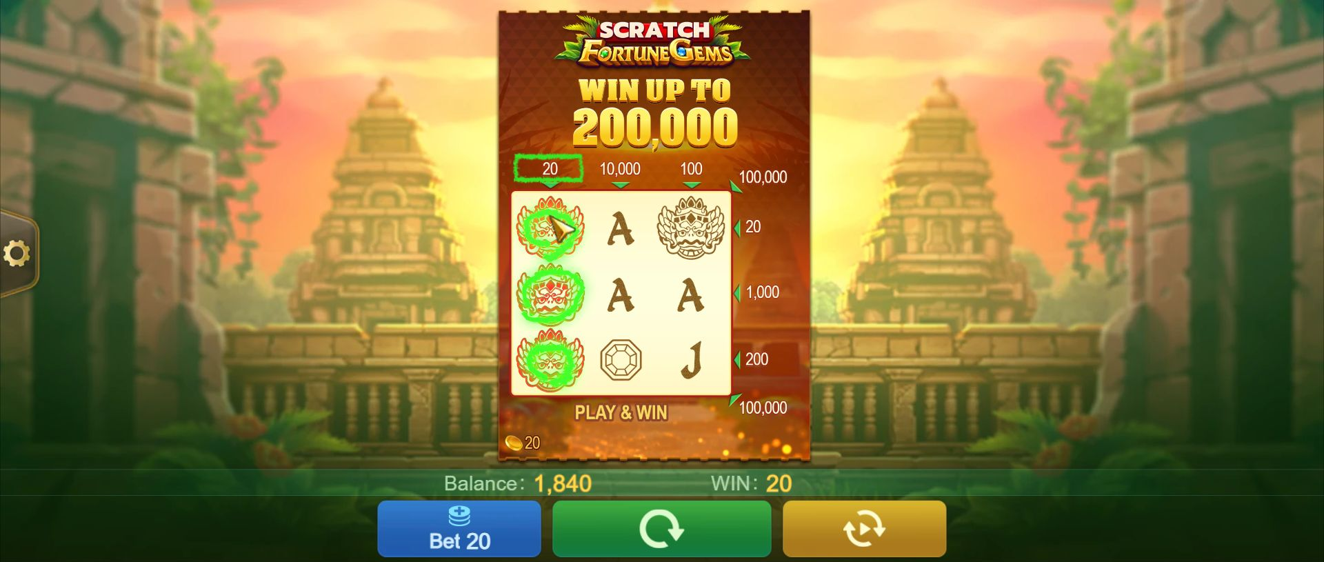 Card 9 settled with its left-column prize highlighted, WIN 20 and balance 1,840