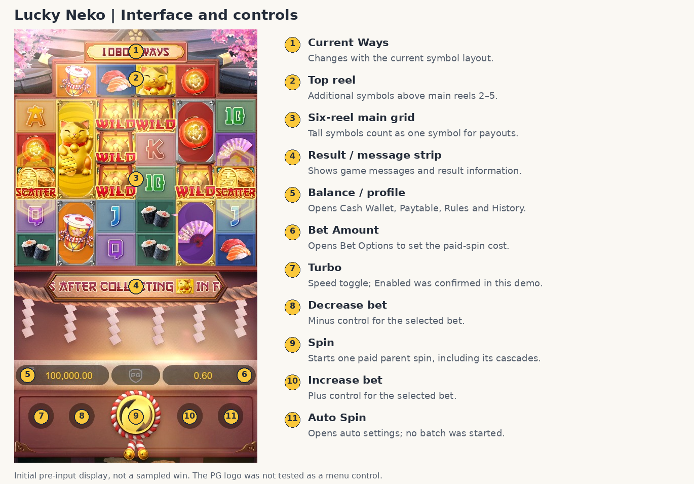 Lucky Neko complete pre-input interface with numbered controls