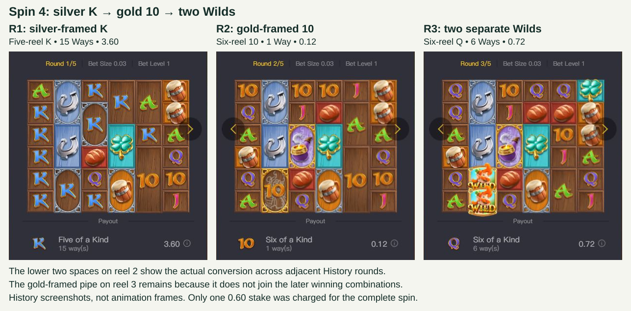 Spin 4 History rounds 1 to 3 show a silver K becoming a gold 10 and then two separate Wild symbols.
