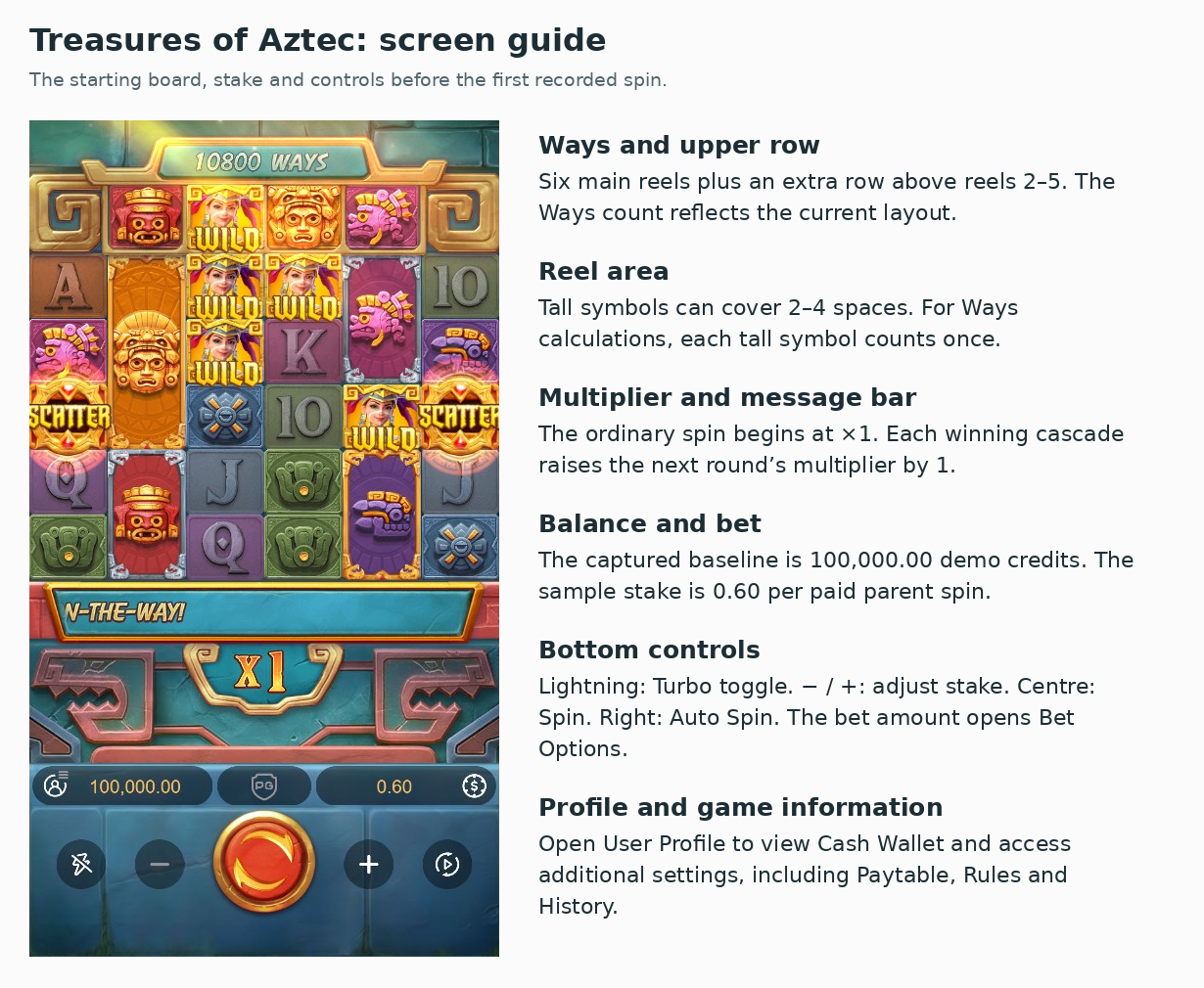 Treasures of Aztec main screen with an English guide to the board, multiplier, balance, stake and spin controls