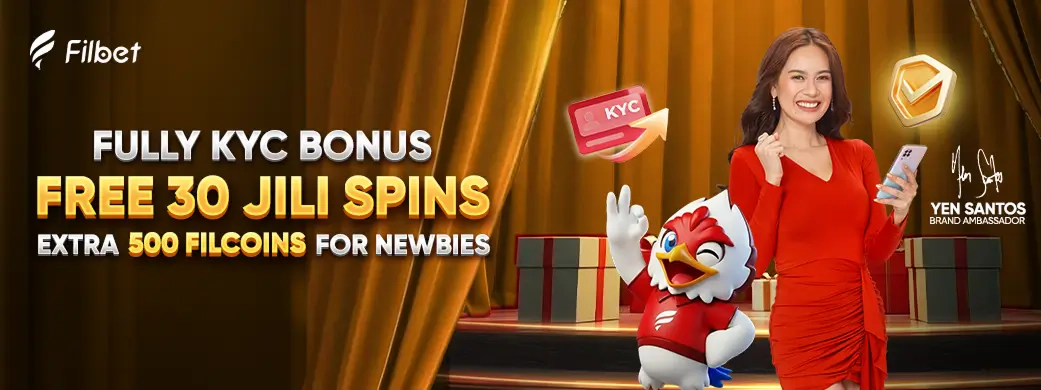 Official Filbet KYC bonus artwork showing 30 JILI free spins and 500 Filcoins