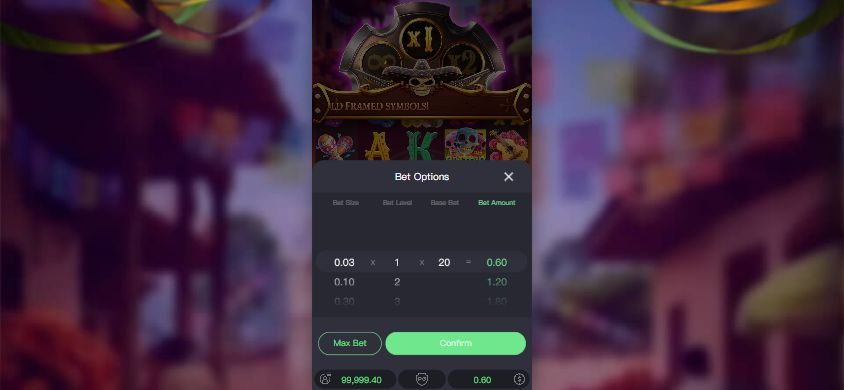 Real Bet Options panel opened in the 844 by 390 landscape simulation