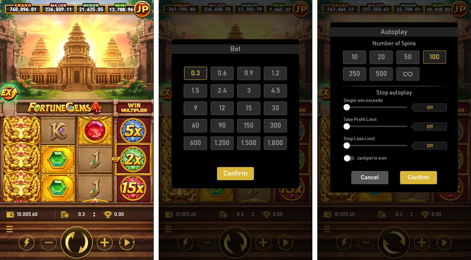Four-tier JP panel, EX stake selector and Auto settings in the desktop game.
