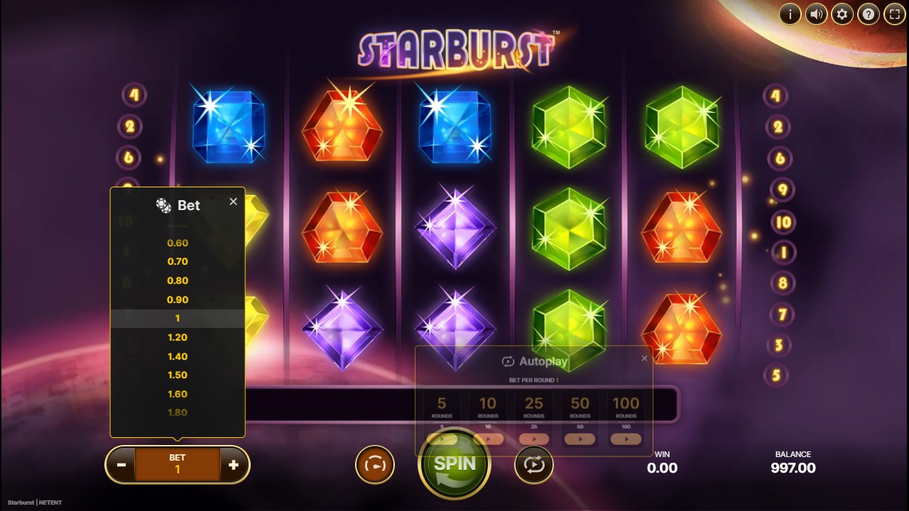 Starburst expanded bet selection list