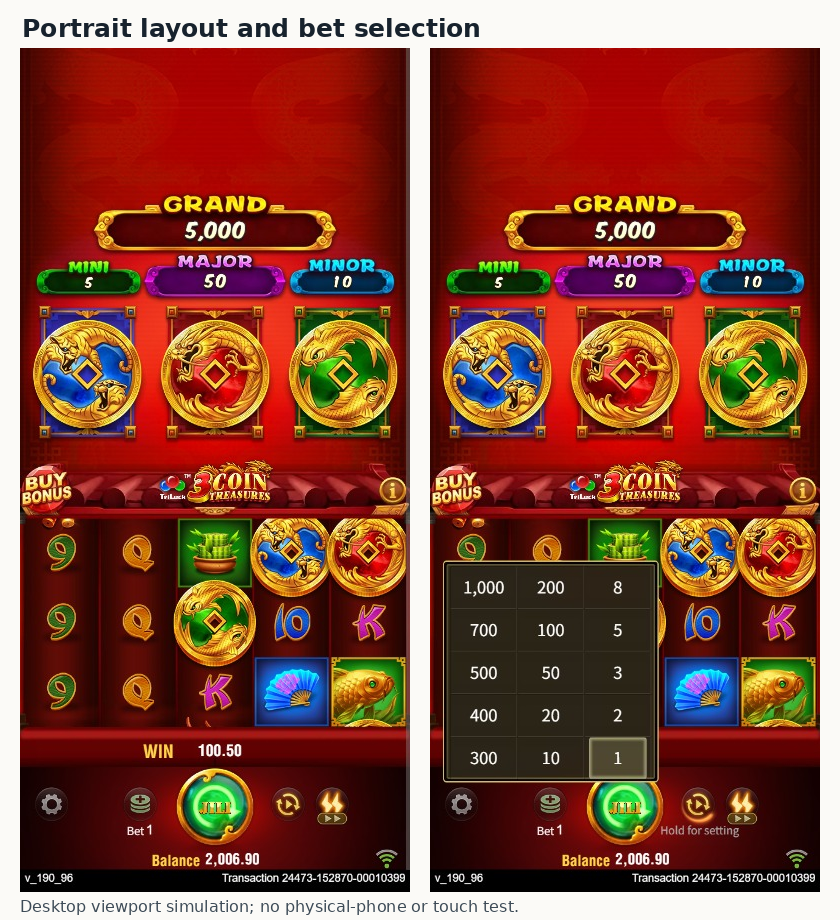 3 Coin Treasures portrait-size layout with its main screen and open bet list at 390 by 844