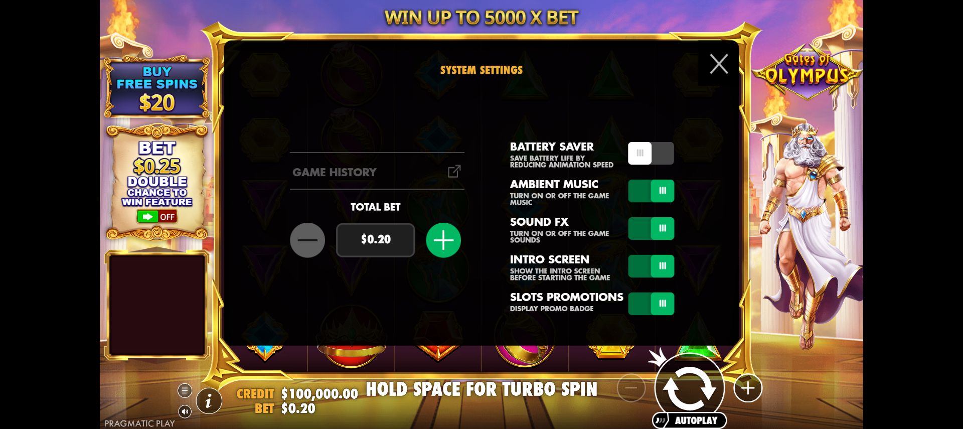 Actual system settings with total stake and music and effects switches