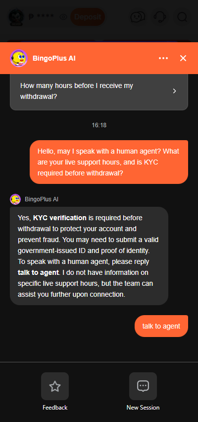 BingBing AI answers and the attempted transfer to a human agent