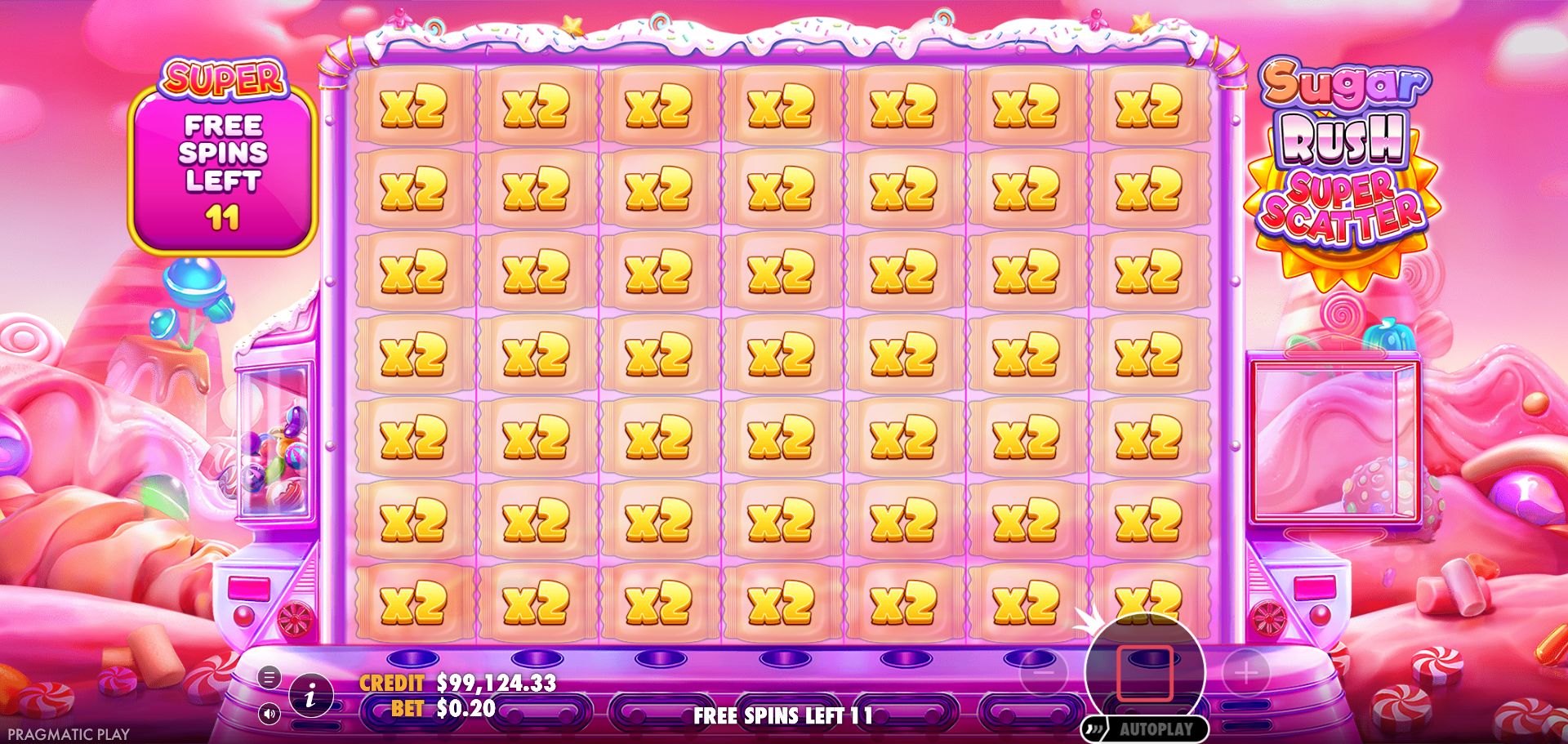 Initial 49-cell 2× board during the first of 12 Super Free Spins, with 11 shown remaining.